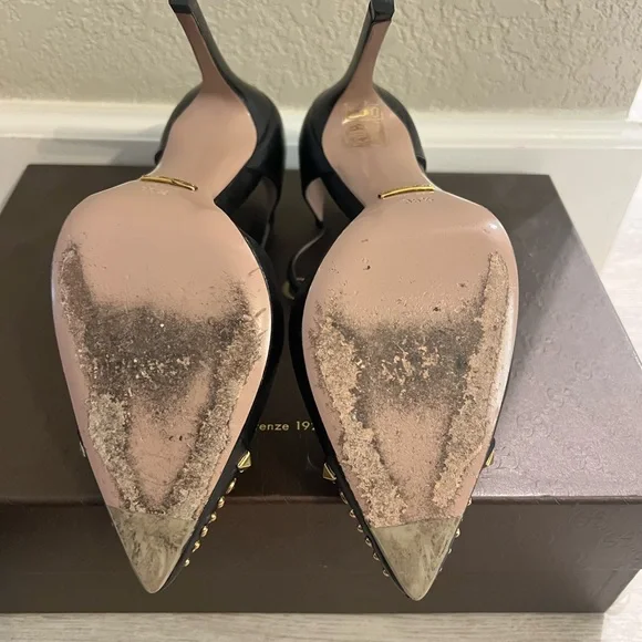 Gucci Malaga Kid Nero Black and Gold Studded T-Strap Heels - Picture 6 of 16